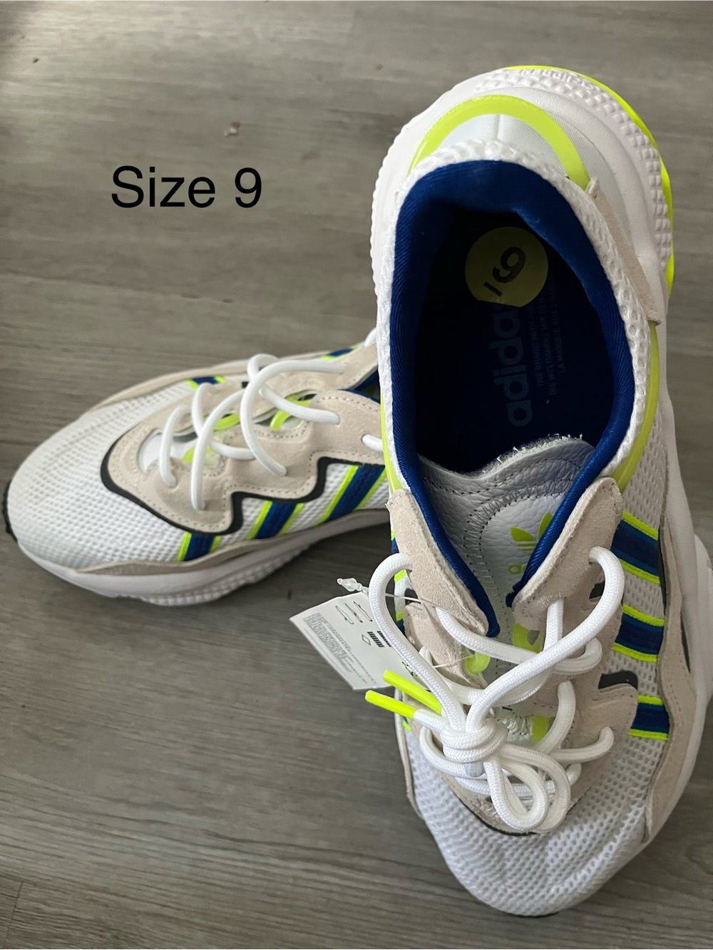 adidas men’s  White Sneakers with Blue & Neon Yellow Accents